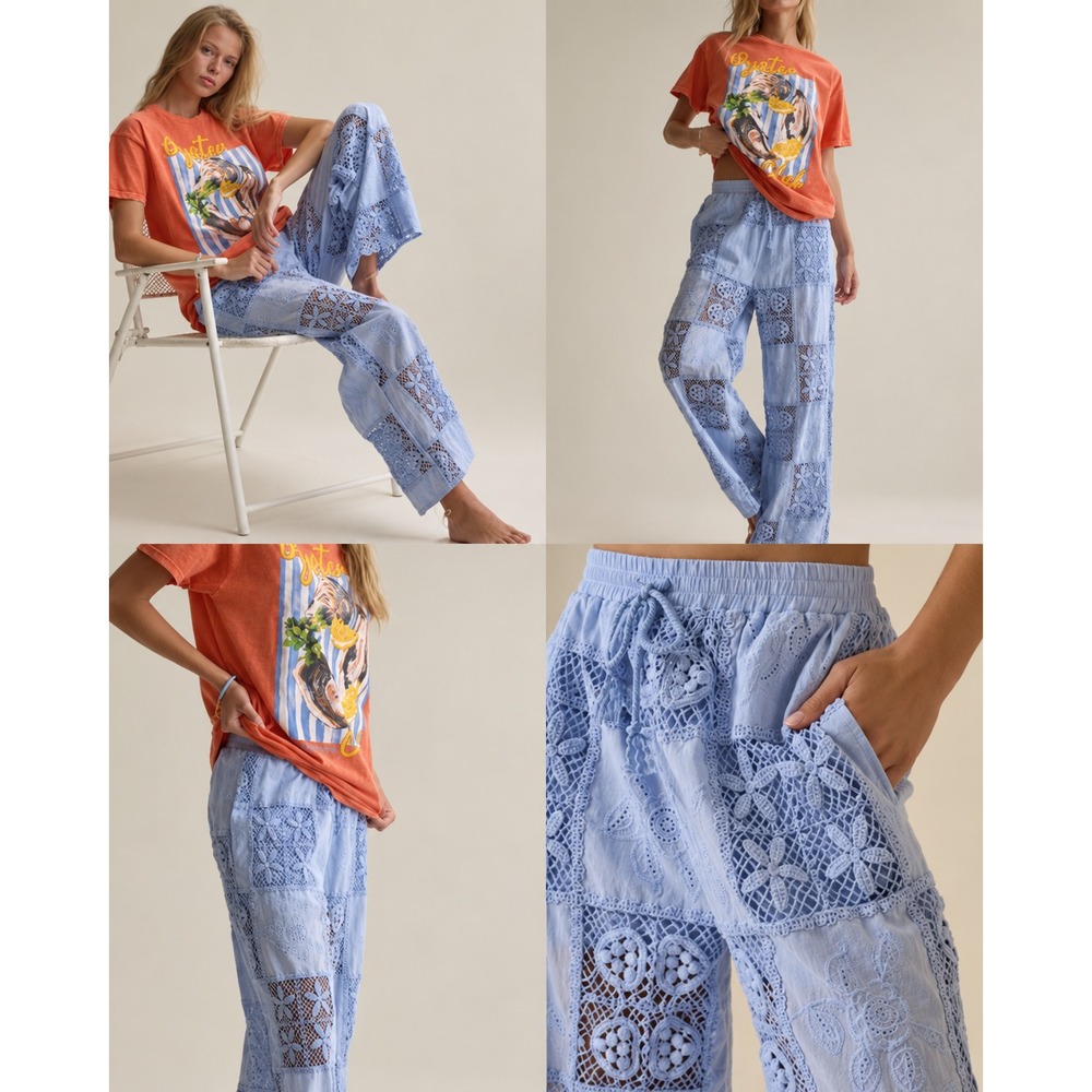 Altar'd State Hibiscus Patchwork Crochet Pants Light Blue Large Wide Leg Boho - Picture 3 of 12